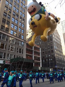 It's their 3rd parade. Ready for anything Finn has his sword & backpack flying with him.