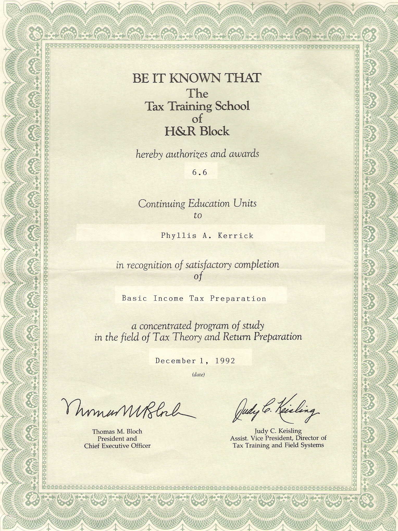 1992 12 01 H&R Block Training certi Nana